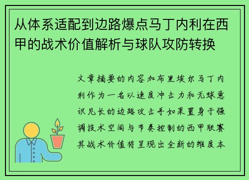 从体系适配到边路爆点马丁内利在西甲的战术价值解析与球队攻防转换