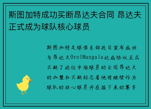 斯图加特成功买断昂达夫合同 昂达夫正式成为球队核心球员